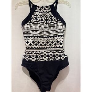 JAG Black White Geometric Print Halter Style One Piece Swimsuit Large